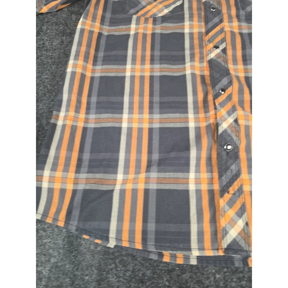 The North Face Pearl Snap Short Sleeve Button Up Black Gray Orange Plaid Shirt M